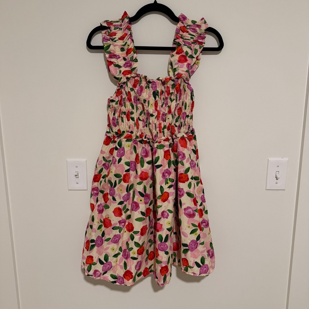English Factory Floral Smocked Mini Dress Ruffle Strap Cream Red Purple Large